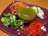 Recette Petite assiette de légumes en folie: soupe de fanes de radis, salade de carottes aux noisettes, taboulé de choux fleur, courgettes et poivrons grillés